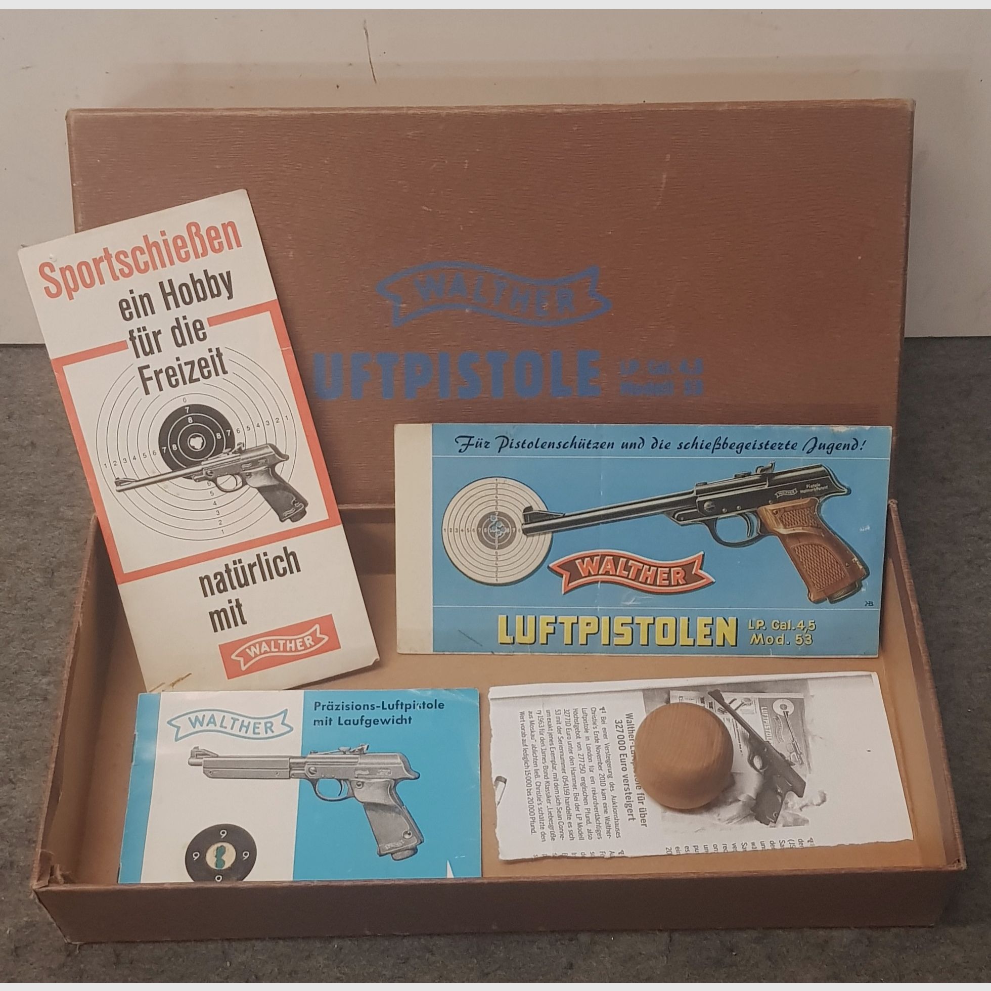 Luftpistole Walther Mod. LP 53 im OVP Karton, Beschreibung u. Flyer aus den 60iger James Bond 007 