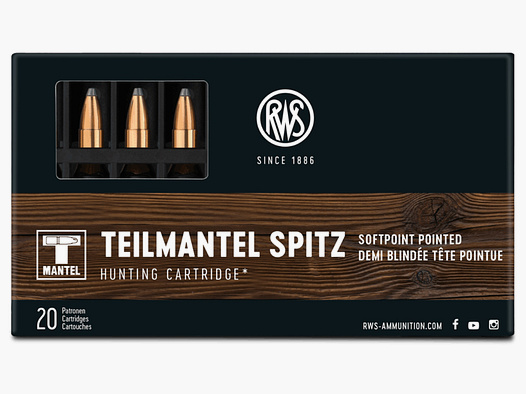 20 Schuss RWS .222 Rem. TMS 50gr 3,2g > Teilmantel Spitz Jagd Munition > Leichtes Wild Reh Fuchs