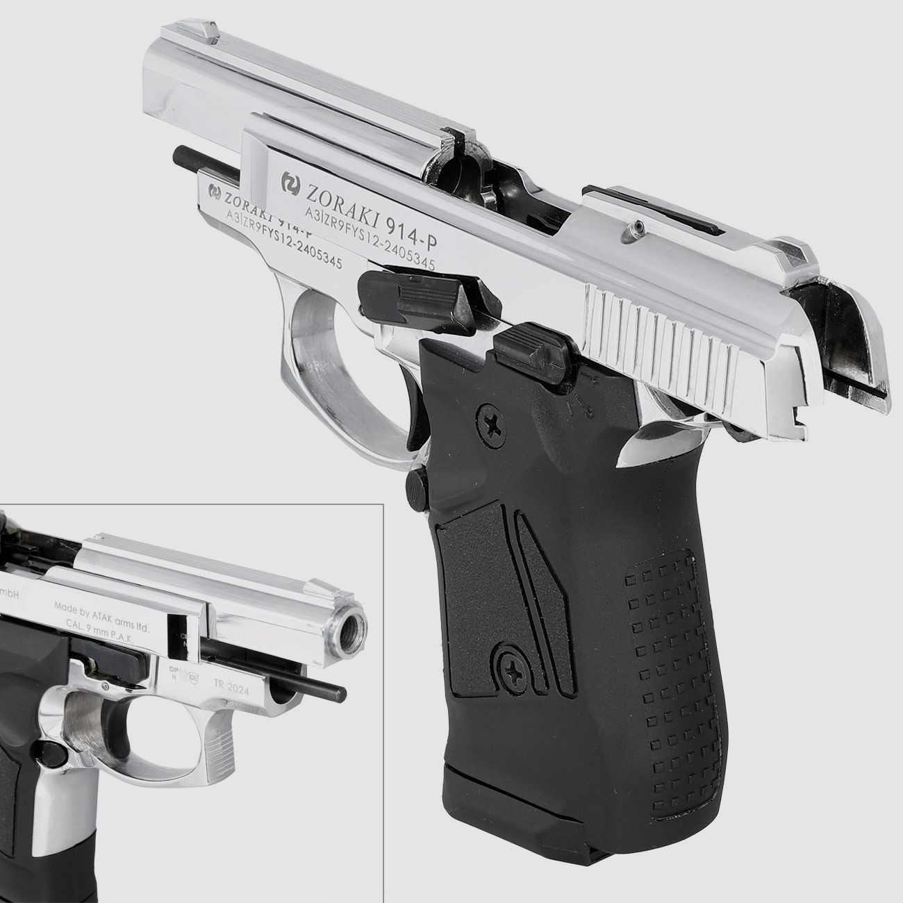ZORAKI 914 Chrome PTB 9mm P.A.K. – Front Firing - EU-wide shipping
