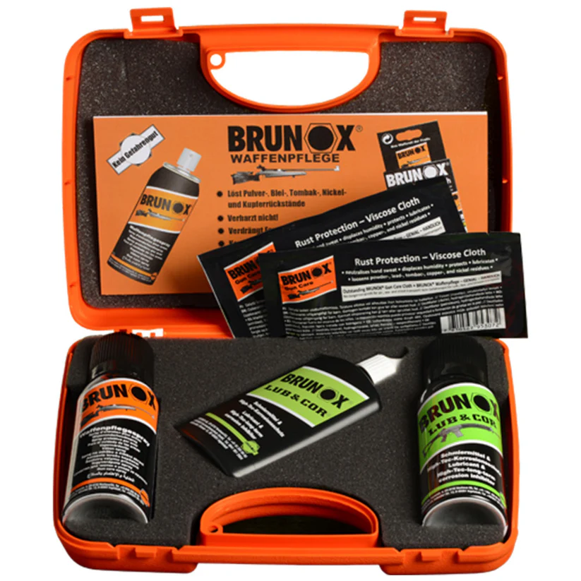 Boîte d'entretien des armes incl. spray d'entretien des armes 100ml, lubrifiant et protection contre la corrosion 100ml, flacon compte-gouttes lubrifiant et protection contre la corrosion 100ml, chiffon d'entretien des armes