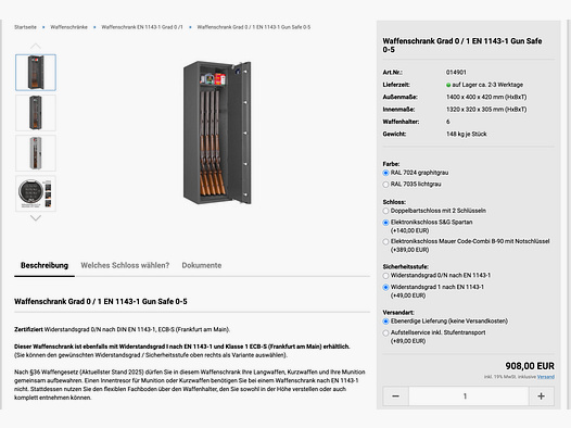 Eisenbach Armoire à fusils Grade 1 serrure électronique EN 1143-1 NEUF