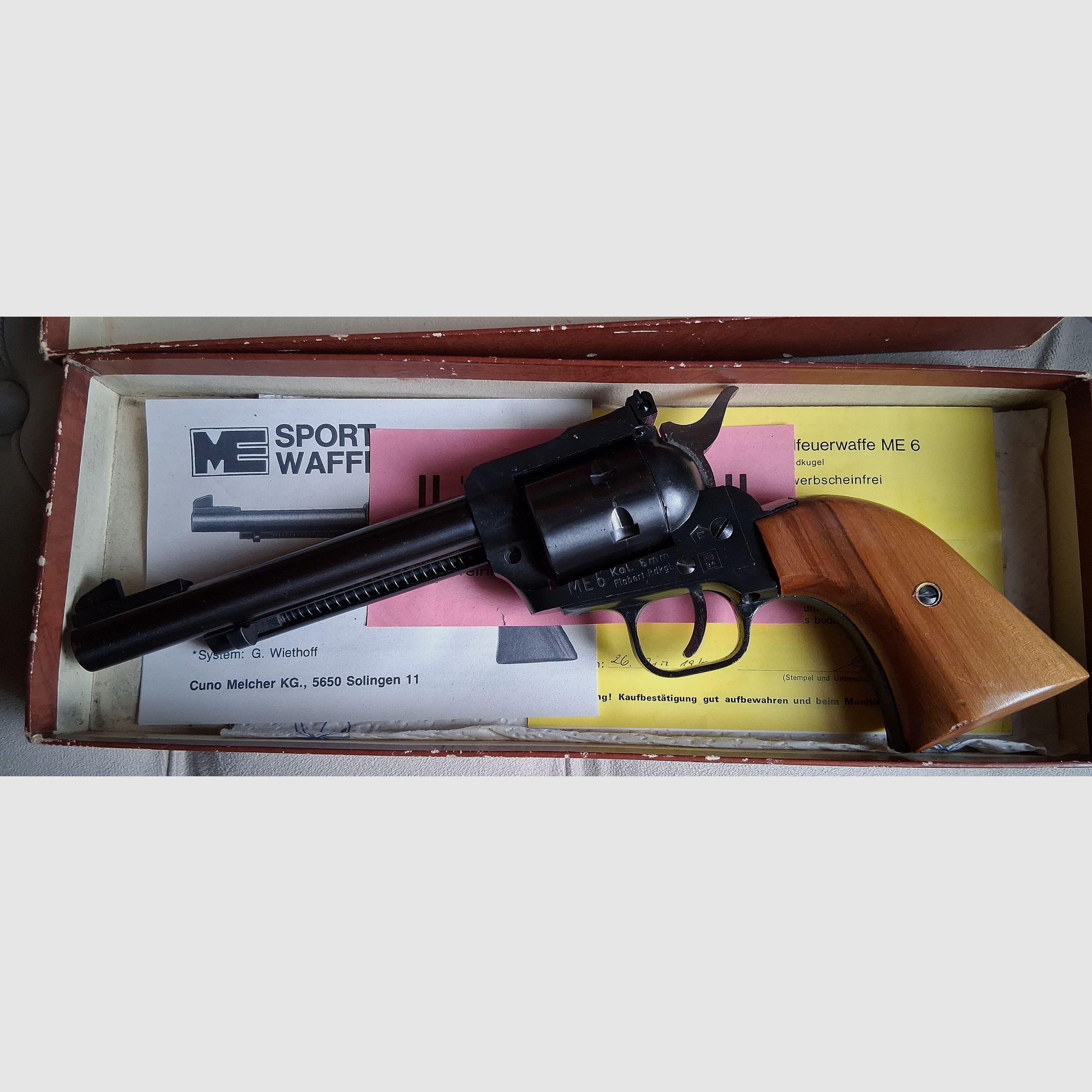 Revolver ME 6 by Cuno Melcher in 6mm Flobert round. No license required, does not count towards the quota