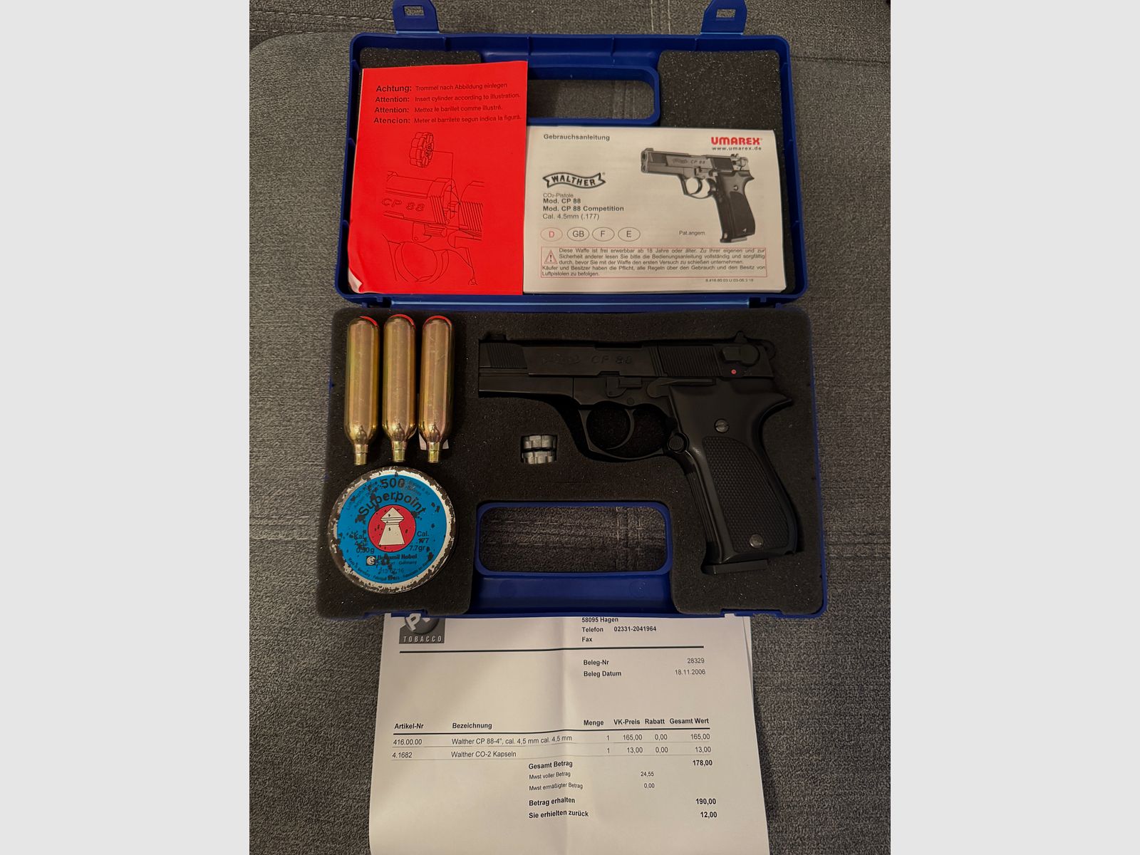 CO2 air pistol Walther CP 88 (4.5mm Diabolo) – complete set in case with accessories & receipt