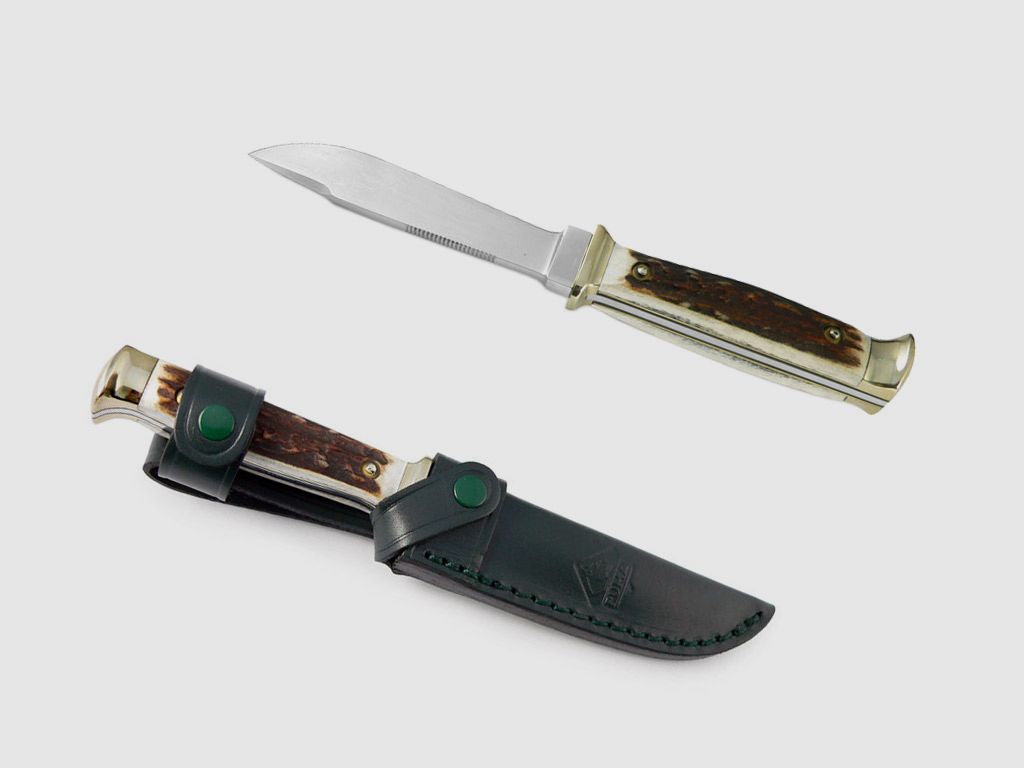 Jagdmesser Puma Jagdnicker Frevert Stahl 1.4116 KlingenlĂ¤nge 10,2 cm Hirschhorn Griff inklusive Lederscheide (P18)