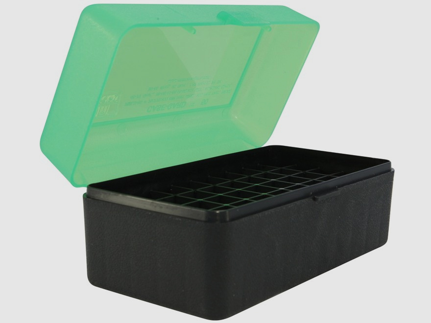 Boîte à cartouches MTM RMLD-50-16T verte/noire avec couvercle rabattable pour 50 cartouches .45-70 et autres.