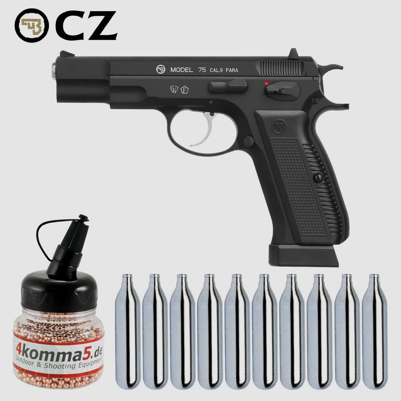Luftpistolenset CZ 75 4,5 mm Stahl BB Co2-Pistole Vollmetall Blow Back (P18) + 10 Co2-Kapseln + 1500 Stahl-BB's 4komma5