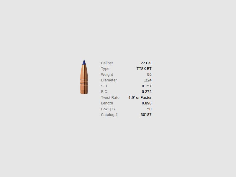 Proiettile Barnes .22/.224 55GR Tipped TSX BT 50 pezzi