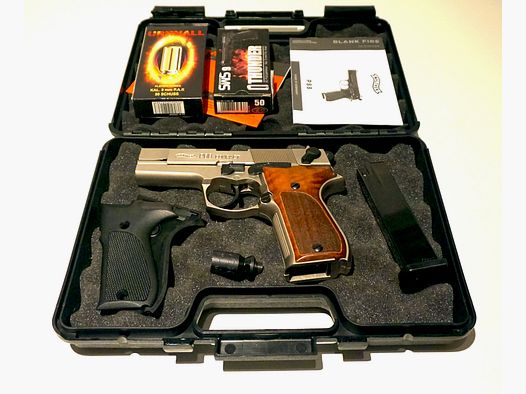 Walther P88 Compact von Umarex Nickel-Holz, Kaliber 9 mm P.A. inkl. 125 Stück Patronen