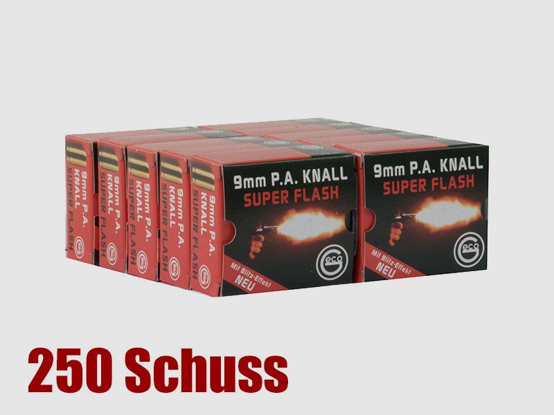 Vorteilspack Platzpatronen Geco Super Flash Kaliber 9 mm P.A. Nitro fĂĽr Pistolen Messing 250 StĂĽck (P18)