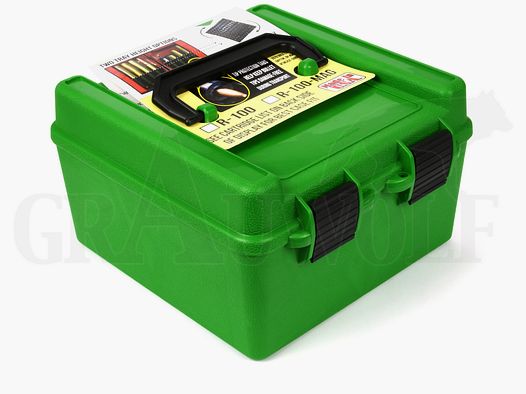 MTM Pudełko z klapką R-100-MAG zielone na 100 nabojów Deluxe z uchwytem: .338 LM, tuleje taśmowe