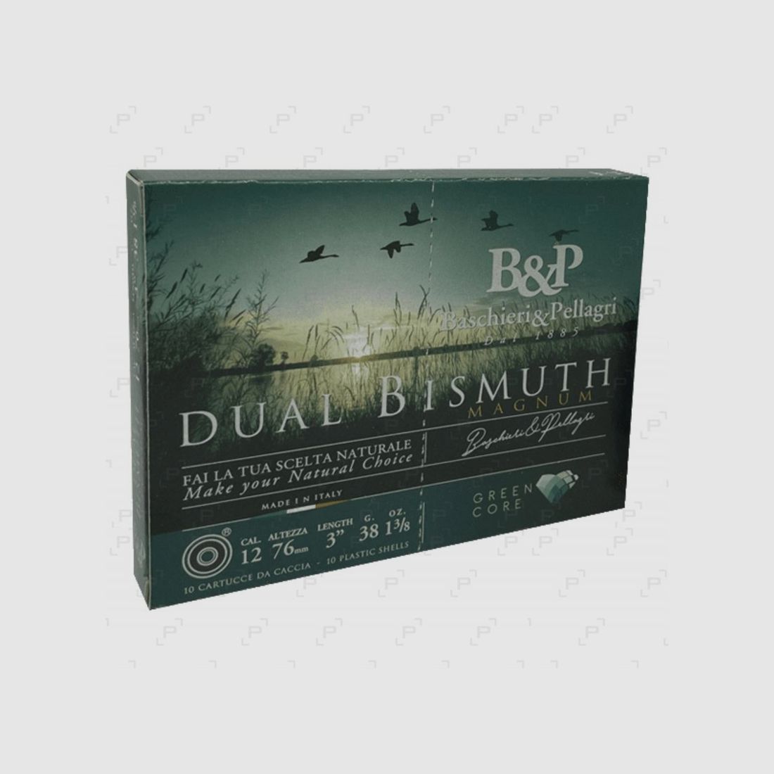 Box mit 10 Patronen Feuchtgebiete BASCHIERI & PELLAGRI DUAL BISMUTH 38 MAGNUM Kaliber 12/76