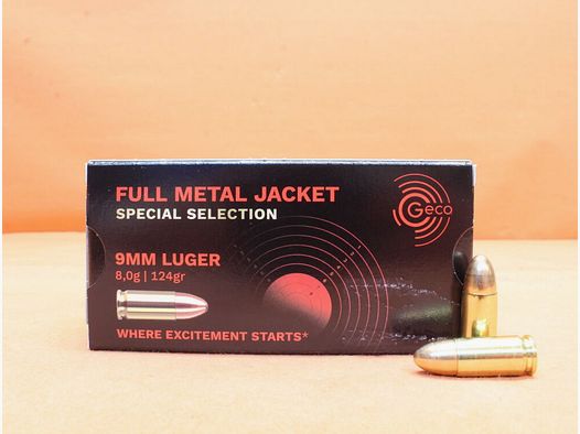 GECO nabój 9mm Luger GECO 124grs FMJ (2431562) Special Selection VE 50 nabojów/ 8,0g pełnopłaszczowy (nabój precyzyjny)
