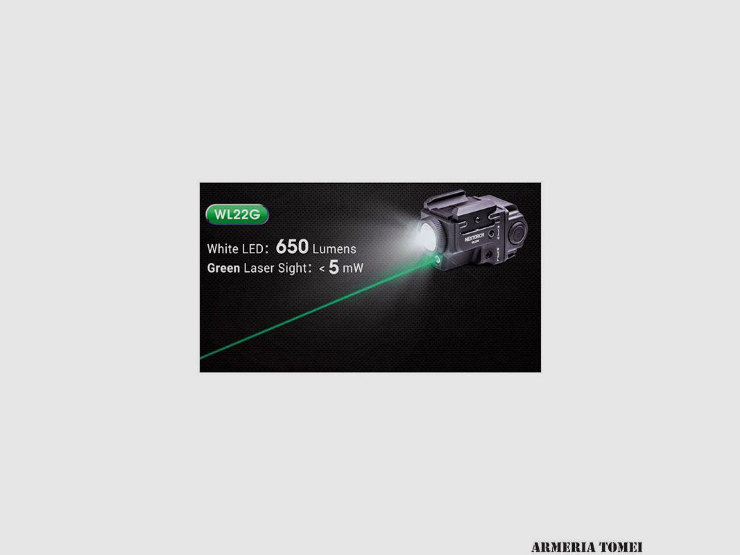 NEXTORCH – WL22G GUNLIGHT W/GREEN LASER RECHARGEABLE 650 LUMENS LED, image 2 of 4