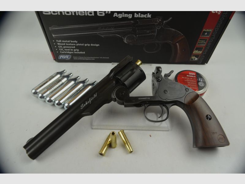 Vollmetall! Schofield 6" Kipplauf-Revolver "Aging black" * CO² * Diabolos * mit Starterpaket