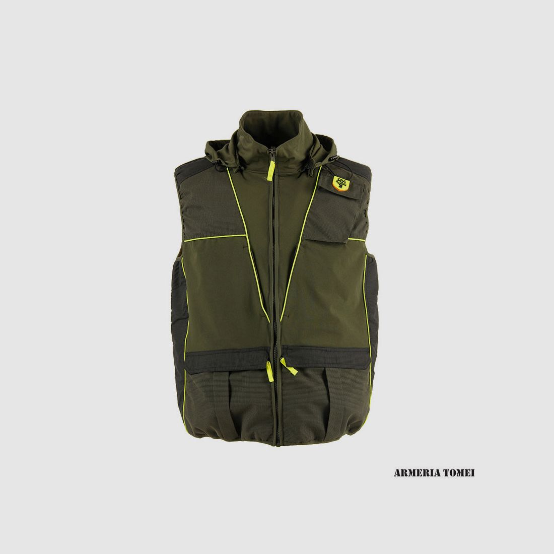 GILET – RS HUNTING – LV950 GRÜN MIT GELBEM FLUORESZIERENDEN EINSÄTZEN UND KAPUZE, Bild 1 von 3
