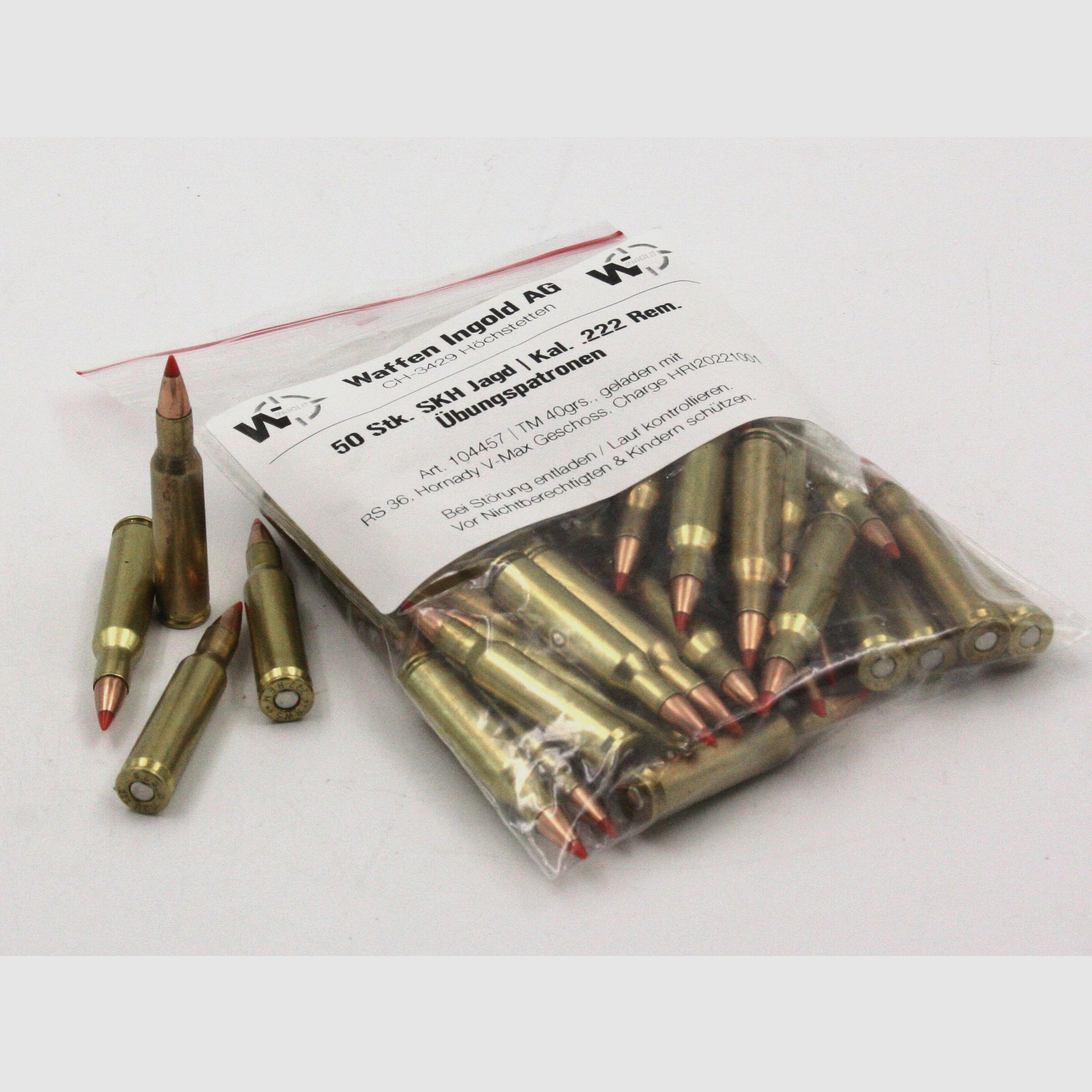 SKH Jagd, Kal. 222 Rem. Übungspatrone, TM, 40 gr., 50 Stk. (Hornady V-Max Geschoss)
