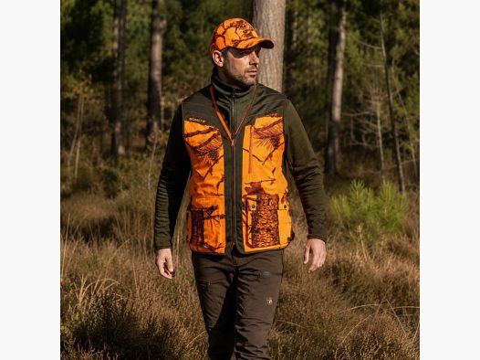 Gilet de chasse Somlys Classy camo orange et vert avec carnier