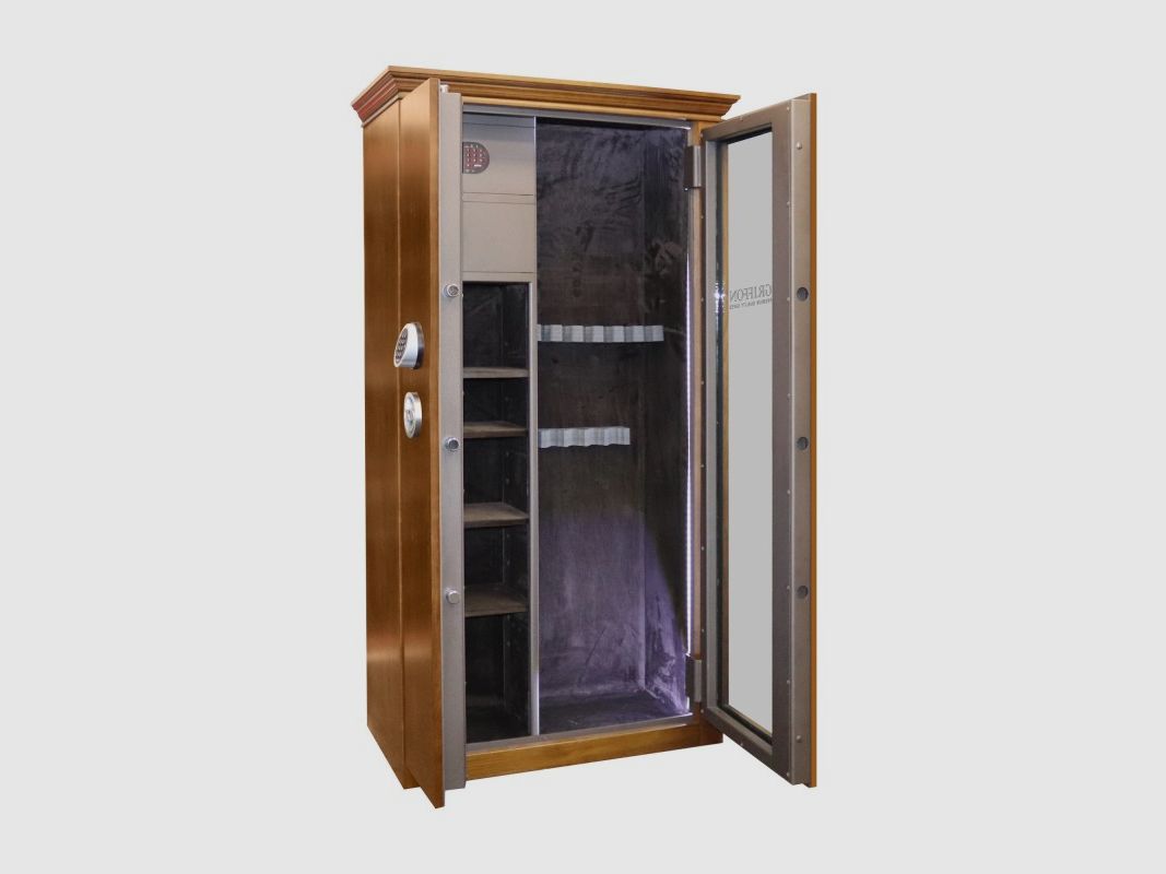 ARMOIRE FORT À DEUX PORTES POUR 7 FUSILS AVEC ÉTAGÈRES ET DOUBLE COFFRE, image 1 sur 2