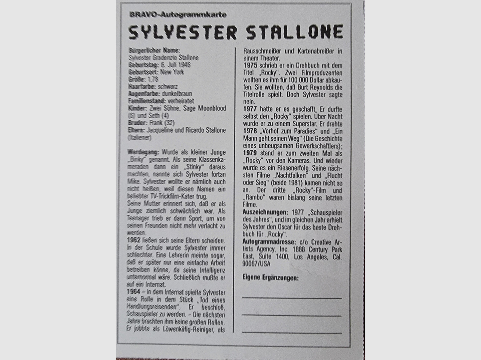 Orig.Signatur von Silvester Stallone von 1997 auf Foto +Messer Signature Edition