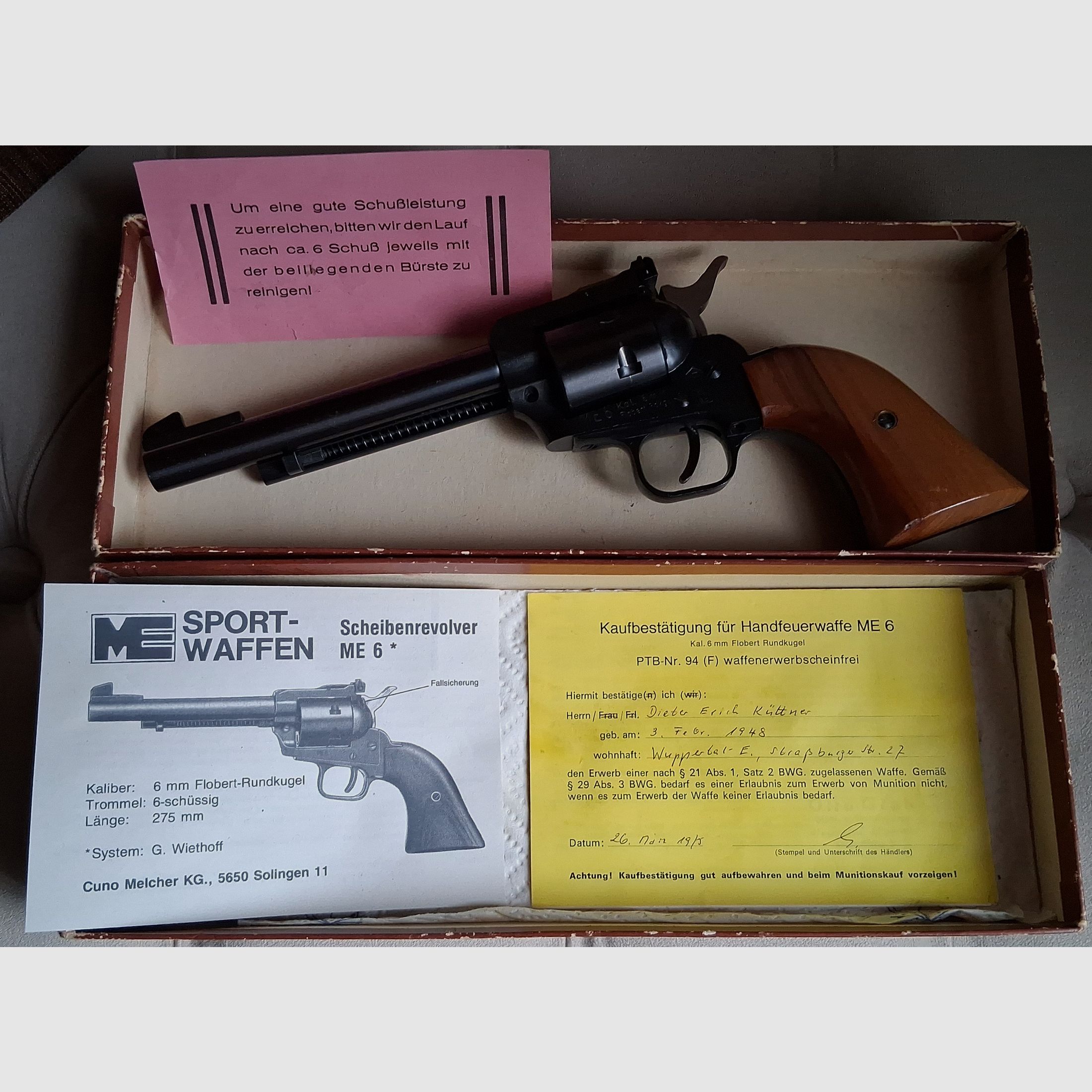 Revolver ME 6 by Cuno Melcher in 6mm Flobert round. No license required, does not count towards the quota