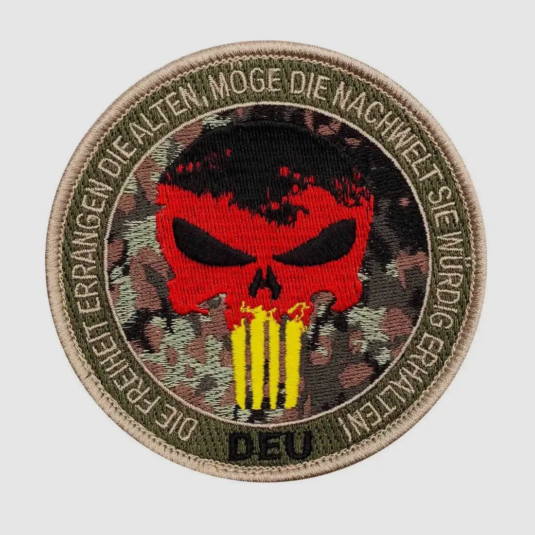 Café Viereck Café Viereck Patch Punisher Skull mit Text rund tarn schwarz rot