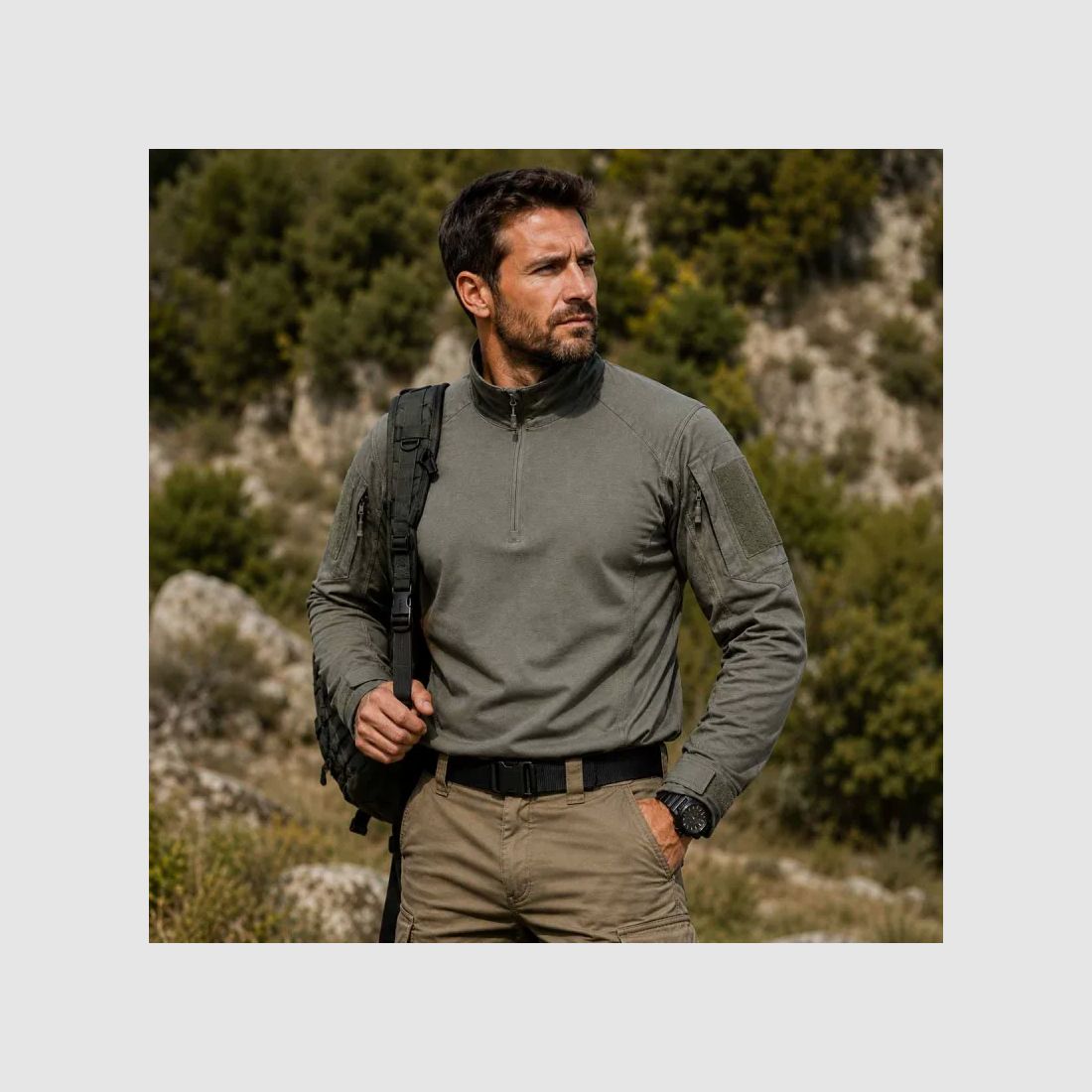 Camicia Ubas Fighter con Collo Alto e Zip in Cotone-Poliestere Khaki da M a 3XL, immagine 4 di 18