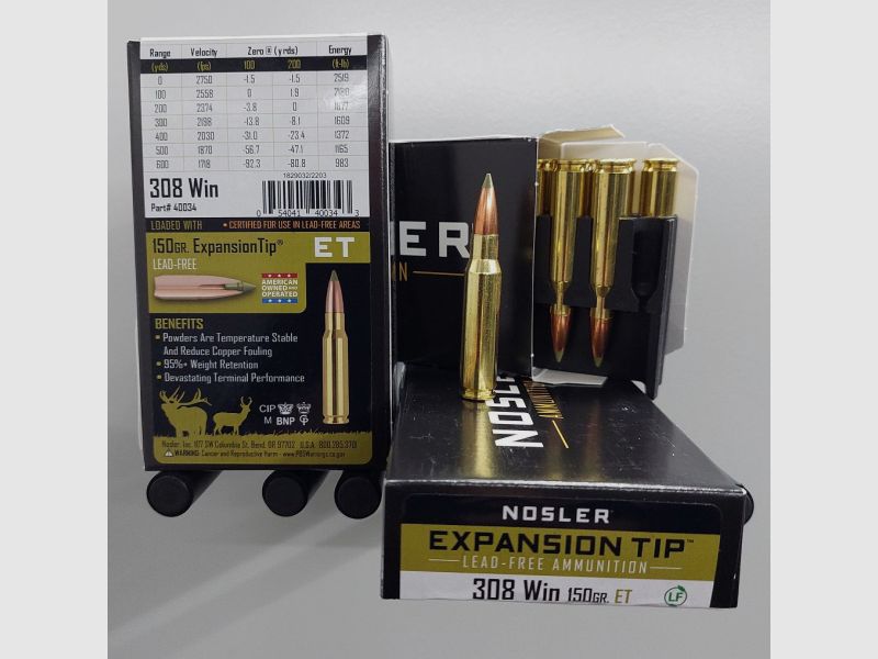 Bleifrei, 20 Schuss .308 Win 150gr. Nosler E-TIP (Bleifreie Premium Munition), keine Fox, Barnes,