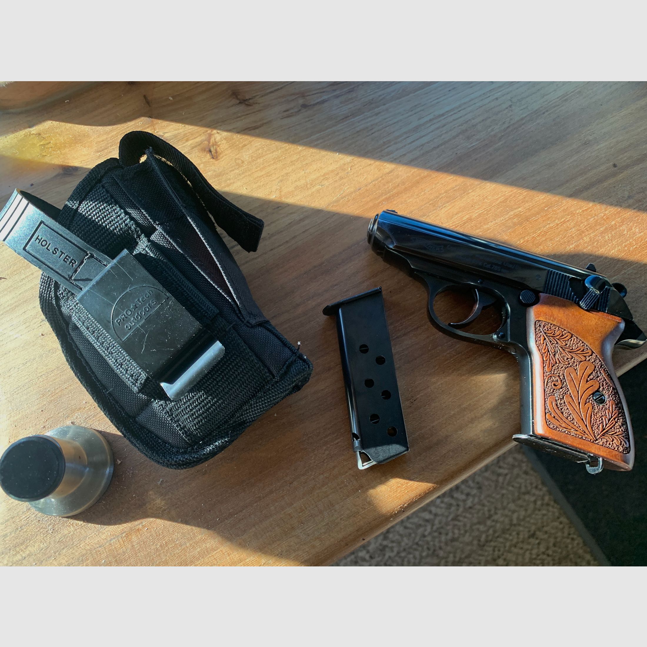 Walther PPK 7.65 with wooden grip and hunting motifs