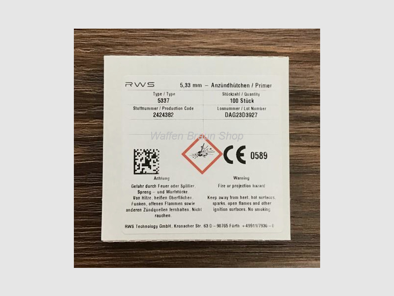 RWS cápsulas de percusión para cartuchos de pistola y revólver de gran calibre, 5,33 mm, 5337 100 piezas