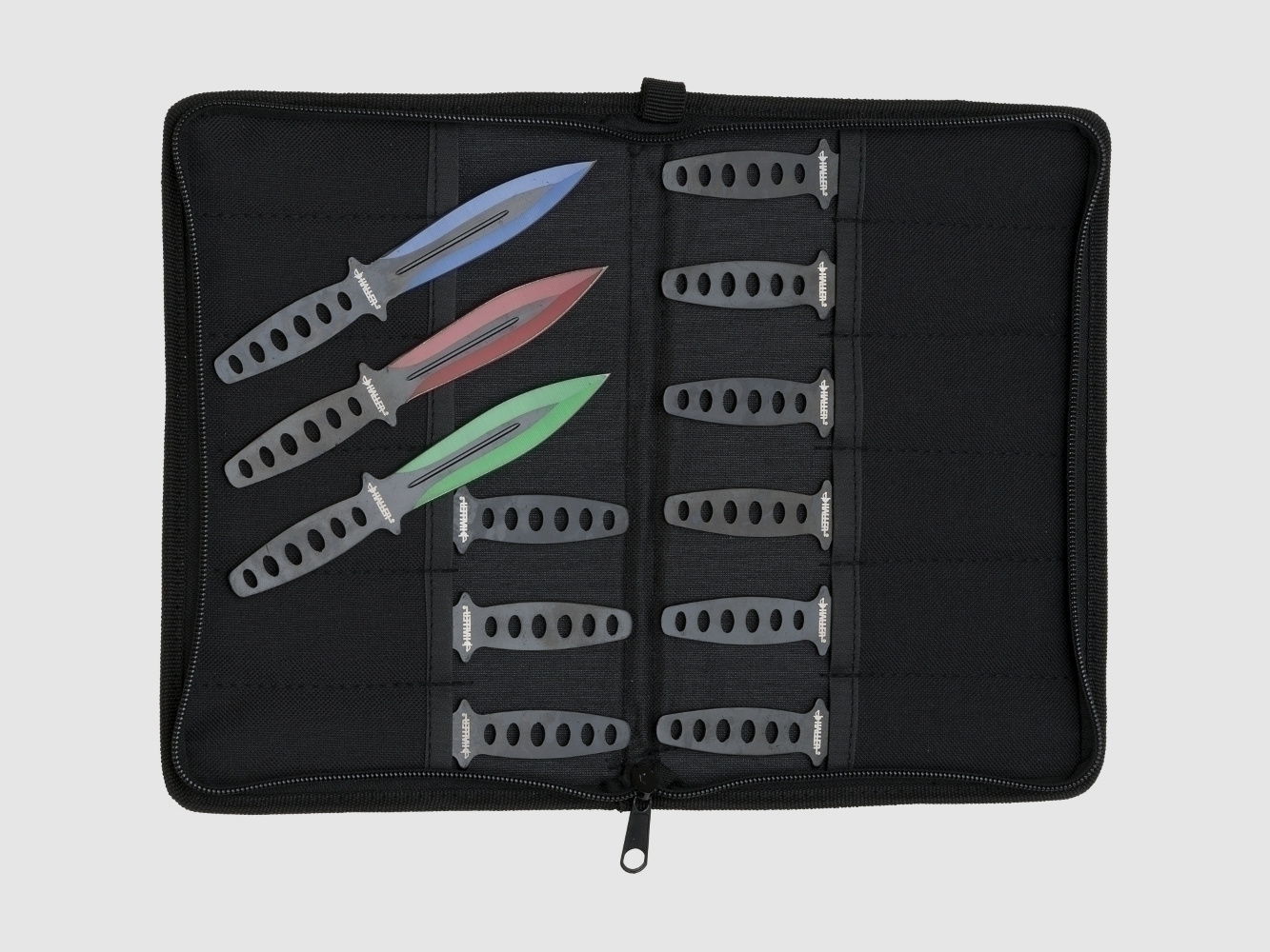 12 colorful throwing knife set in red green blue anodized with bag
