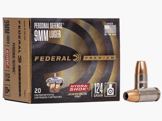 Federal Premium Personal Defense Hydra-Shok 9mm Luger 124GR JHP 20 Patronen