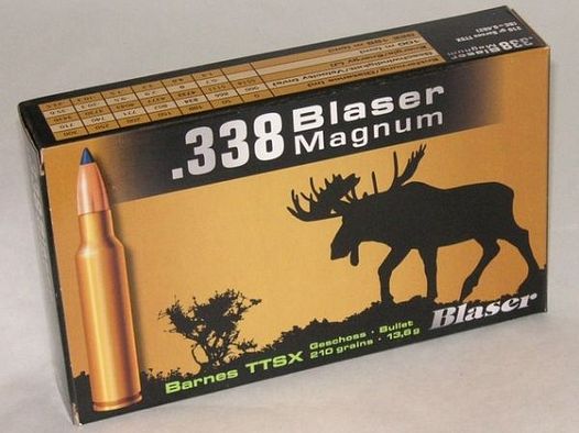 Büchsenpatronen Blaser .338 Blaser Magnum Barnes TTSX 13,6g. 210gr. Bleifrei!!!