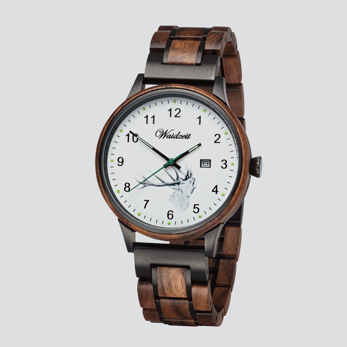 Herrenjagduhr Hubertus Hirsch mit Lodenarmband Olivgrün