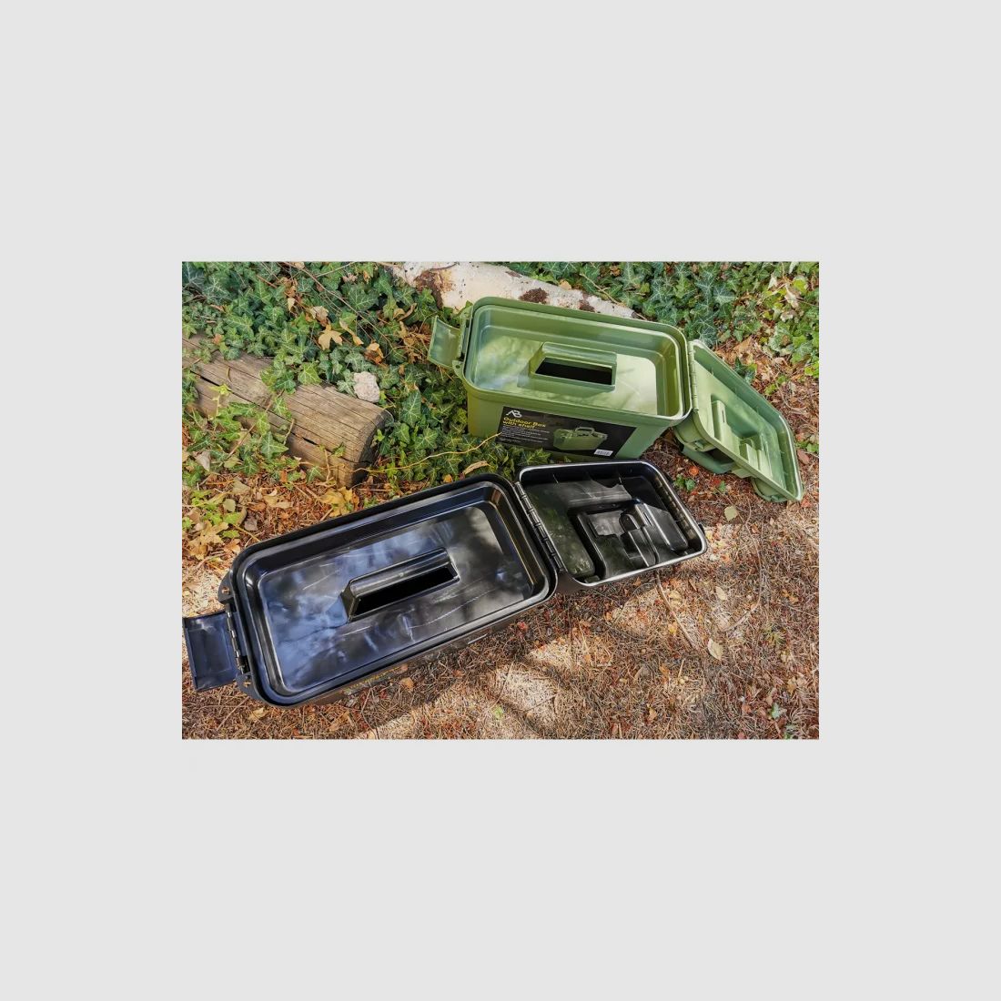 Box / Skrzynka amunicyjna z dnem wewnętrznym - 38 x 19 x 24 cm, oliwkowa - wodoodporna + zamykana, odporna na uderzenia plastik