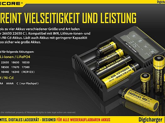 Nitecore NEW D4EU Universal Charger Akku Batterieladegeräte | Li-Ion, Ni-MH, Ni-Cd LiFePO4 AA CR123