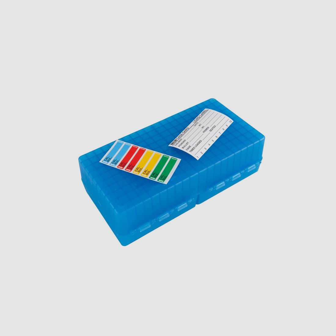 MTM scatola per cartucce RS-200-24 blu trasparente con coperchio a ribalta per 200 cartucce .223 e altre.