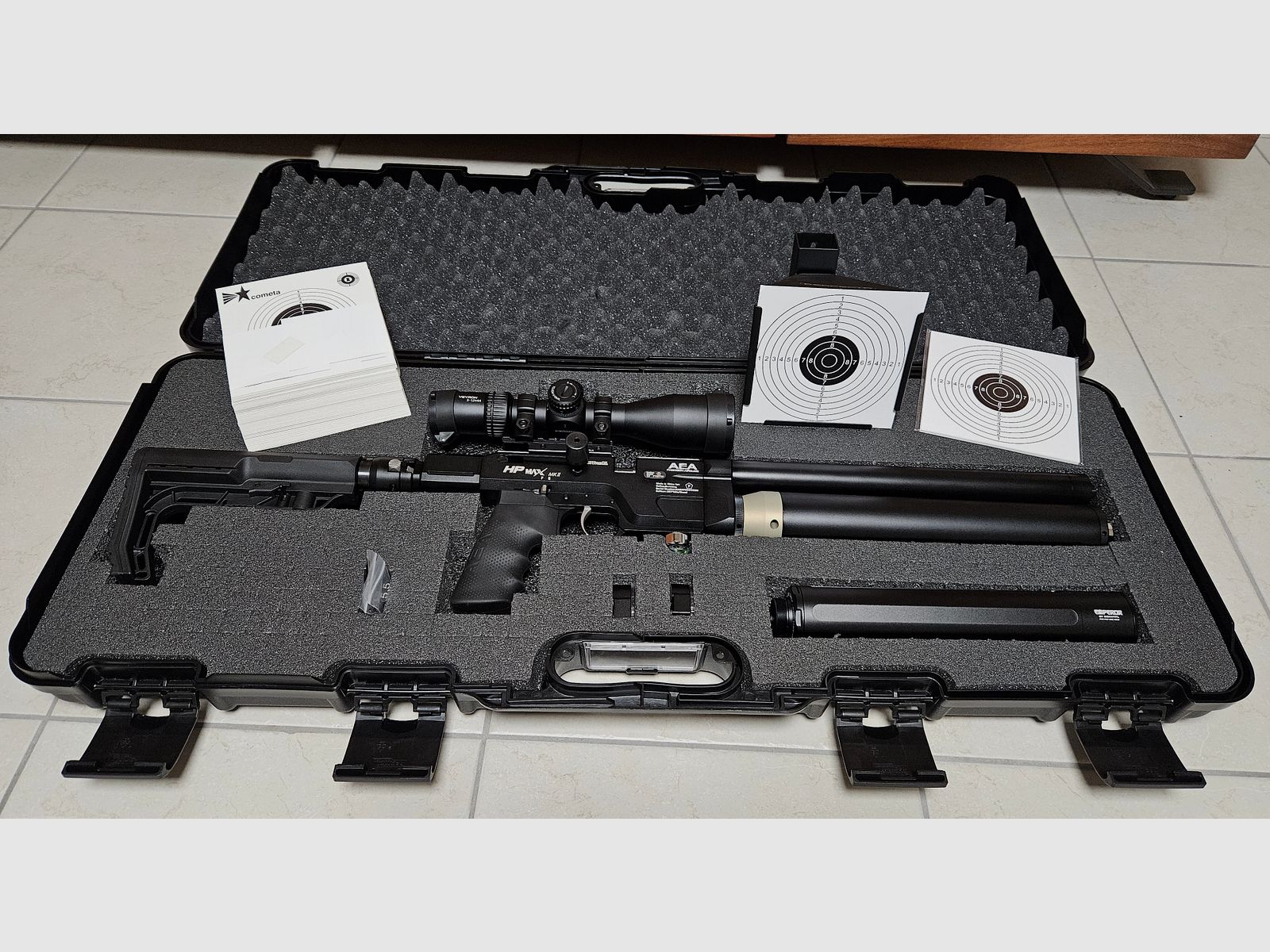 Air rifle AEA HPMAX Mk2 incl. case, scope, moderator and other accessories
