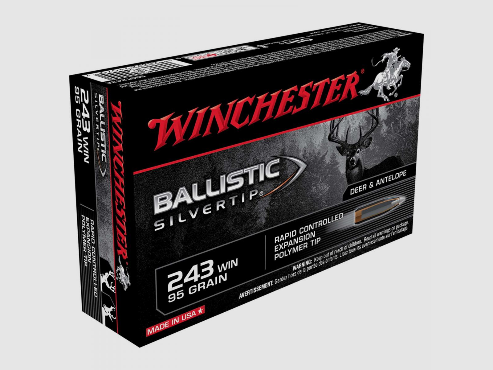 Winchester Ballistic Silvertip .243 Win. 95GR Rapid Controlled Expansion Polymer Tip 20 cartucce