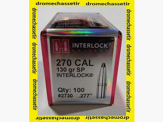 Box of 100 Hornady bullets, cal 277, 130 grains Interlock Soft Point, ref 2730
