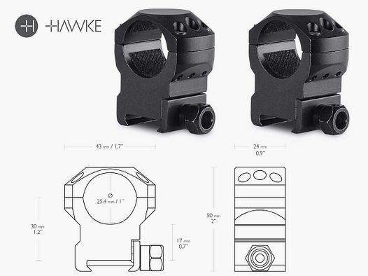 HAWKE Zielfernrohrmontage, Ringmontage (Paar), Weaverschiene, 1 Zoll Durchmesser, Alu, hoch