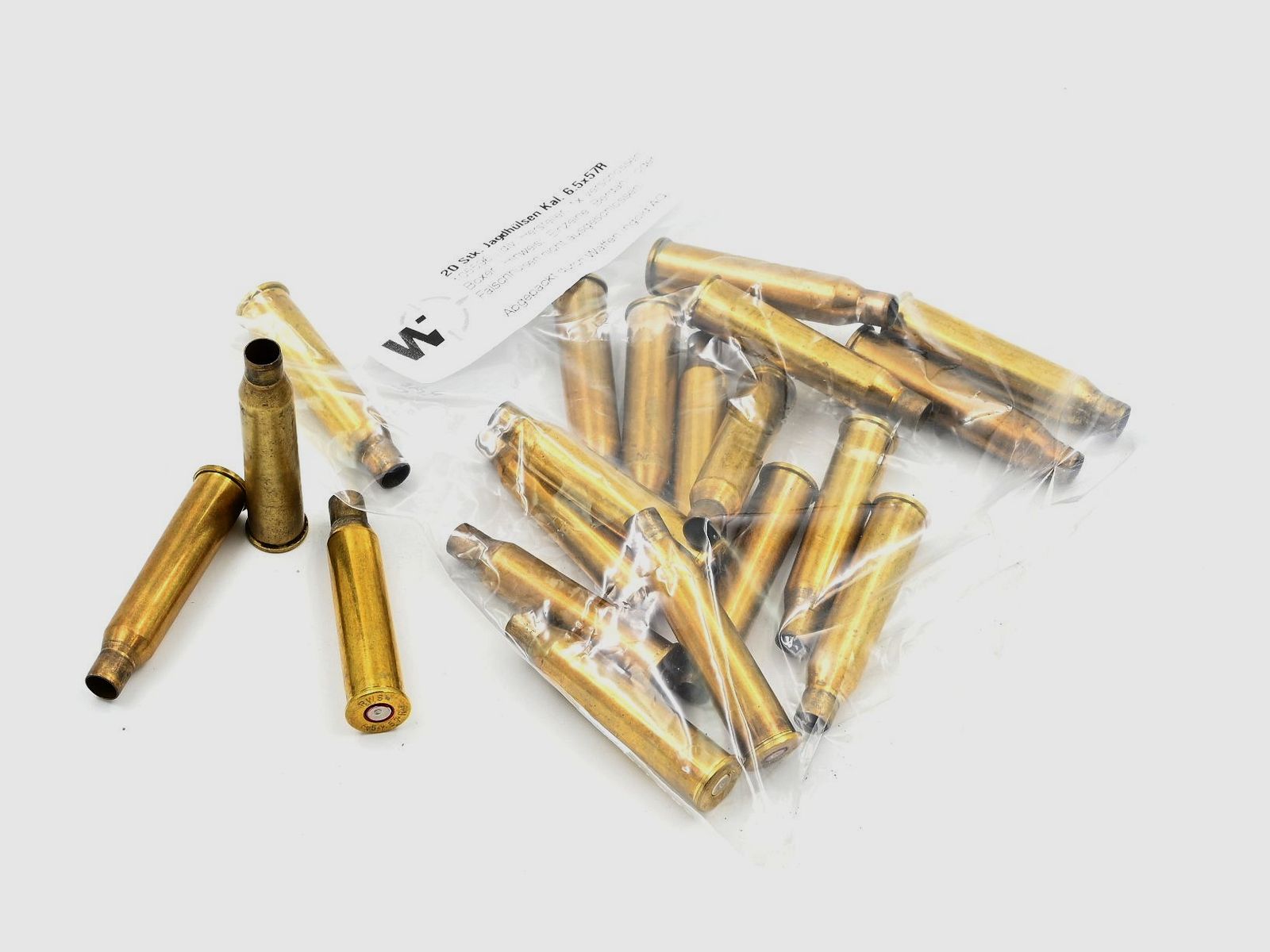 Étuis de chasse divers fabricants 6.5x57R, 20 pcs., Boxer, 1x tiré