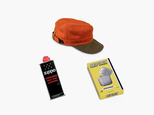 Lodencap "Schirmling" orange, Tschenwärmer 24 Std. Feuerzeugbenzin 125ml