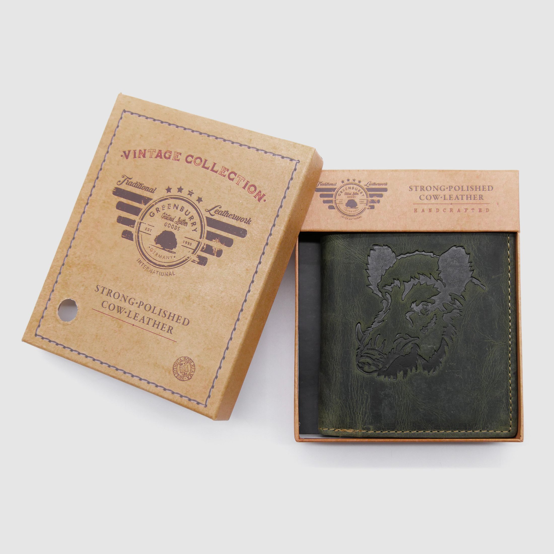 Greenburry Leder Geldbörse oliv Vintage Animal Collection Royal Stag Keiler 1701-wildboar-30