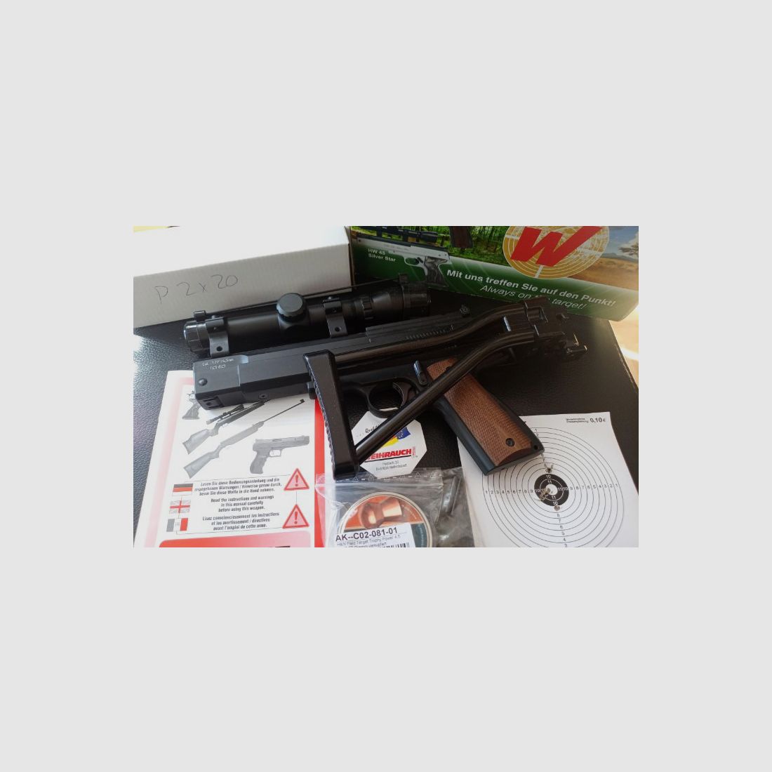 Sammlungsauflösung: Pistole Weihrauch HW45 mit Zielfernrohr und Anschlagsschaft (Kaliber 4,5 mm auch bekannt als .177) / das Gesamtpaket "Operation-Airborne" 