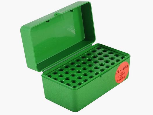 MTM cartridge box 22-HORN-10 green with flip lid for 50 cartridges .22 Hornet and others.