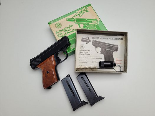 Rhöner SM 15 calibro 8 mm Knall nel PTB 83/2 con imballaggio originale, secondo caricatore e coppa di lancio