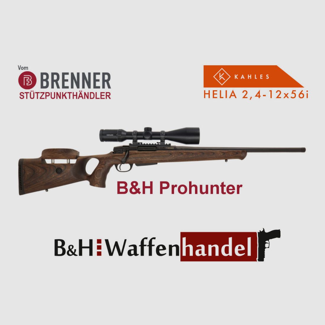 Brenner Komplettpaket: BR-20 B&H Prohunter Lochschaft mit Verstellung inkl. Kahles Helia 2.4-12x56 fertig montiert Jagd Repetierbüchse