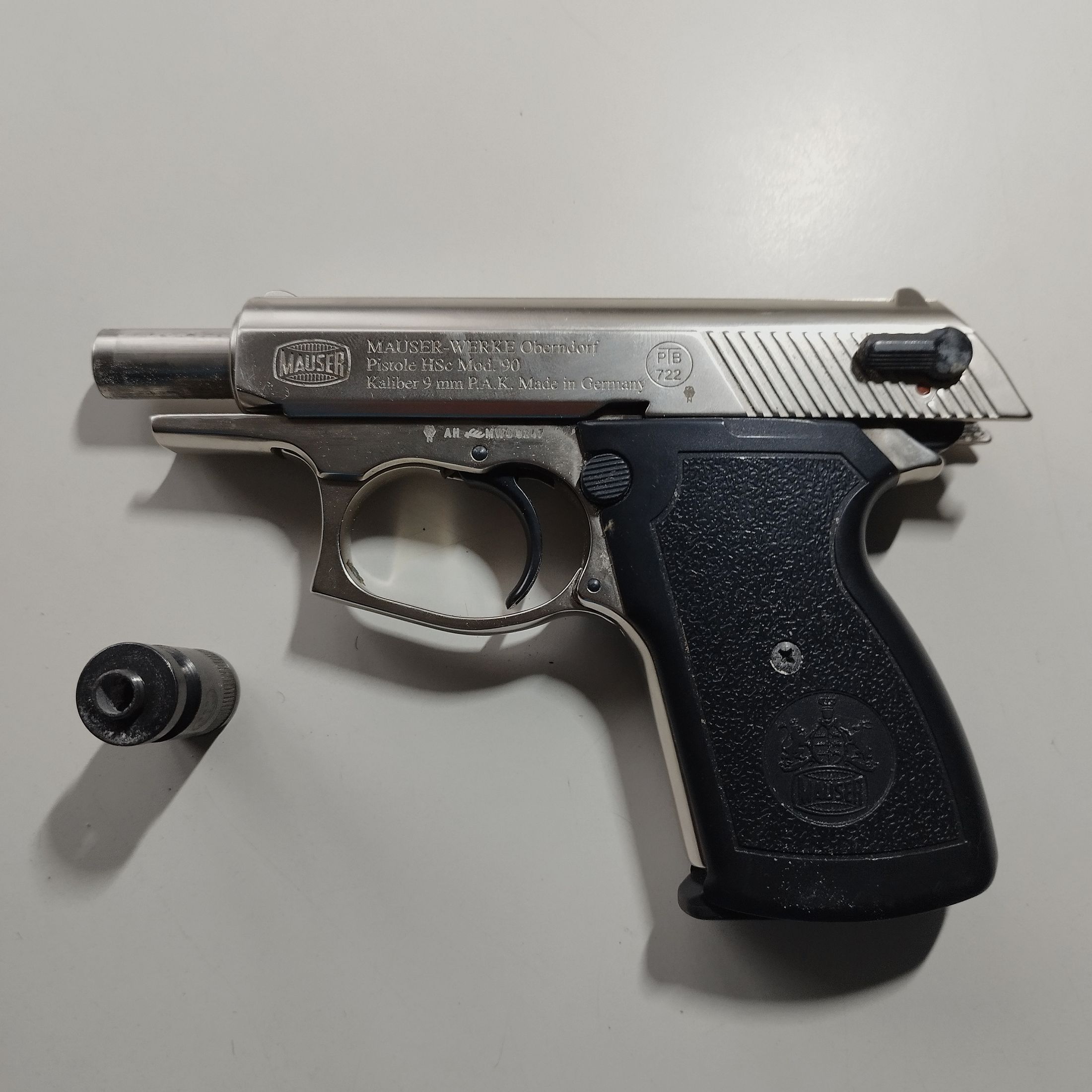 Mauser blank firing pistol HSc Mod. 90 nickel-plated caliber 9 mm P.A.K. Rare PTB