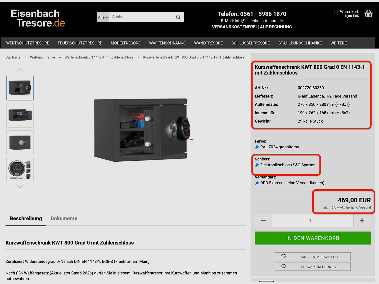 Gun cabinet combination lock KWT 800 Grade 0 EN 1143-1 for handguns, ammunition, and keys