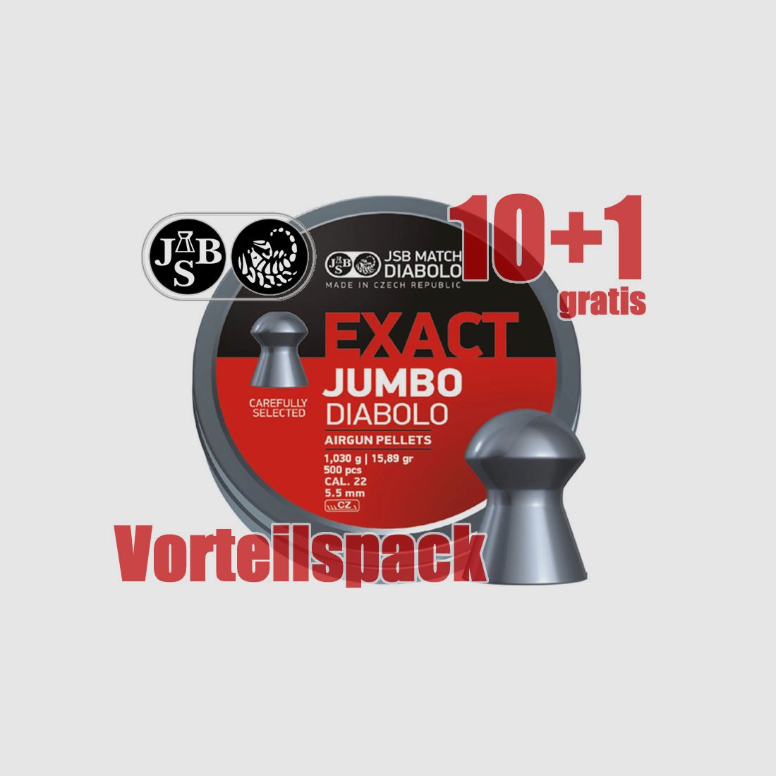 10+1 GRATIS x 500 St. JSB Rundkopf Diabolo EXACT JUMBO, FT, Kal 5,52 mm, 1,030 g